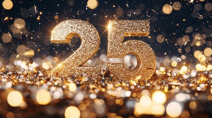 Golden Glittering Number Twenty-Five Celebration with Bokeh Lights and Confetti for Anniversary or Special Event Background