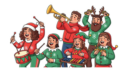 Festive Ensemble: A spirited group of individuals in joyful seasonal attire comes together to create a symphony of holiday cheer. Capturing the vibrant energy and spirit of the holiday season.