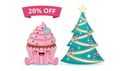Festive Delight: Adorable cupcake and a Christmas tree share the spotlight, offering a cheerful reminder of holiday discounts. Celebrating the season, tempting with treats and savings.