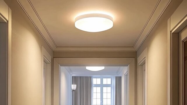 A cosy corridor with modern ceiling lights that create soft lighting in a residential interior. Suitable for lighting catalogues, interior design articles, real estate advertising and renovation servi