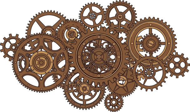 A complex arrangement of interlocking bronze gears and cogs suggests intricate mechanical workings and industrial processes.