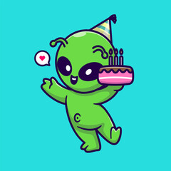 Cute Alien Holding Birthday Cake Cartoon 