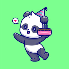 Cute Panda Holding Birthday Cake Cartoon 