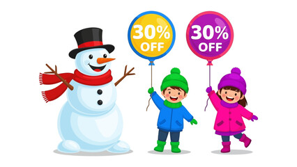 Winter Discount Wonderland: A cheerful snowman and two enthusiastic children present vibrant balloons offering a tempting 30% discount, all set against a pure, bright backdrop.
