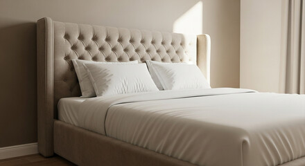 Elegant bedroom with tufted headboard, white pillows, and soft lighting indoors