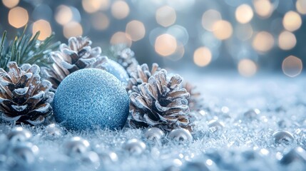 Festive Christmas Still Life with Blue Glitter Ornament, Pine Cones, Silver Beads and Bokeh Lights for Holiday Season Background