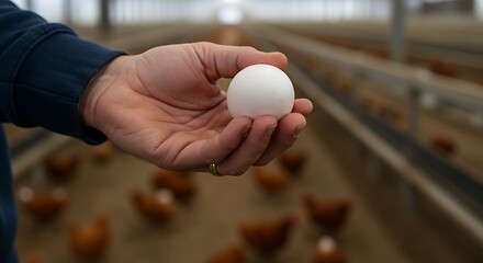 Close-up of a hand holding a white egg inside a chicken farm with rows of chickens and cages