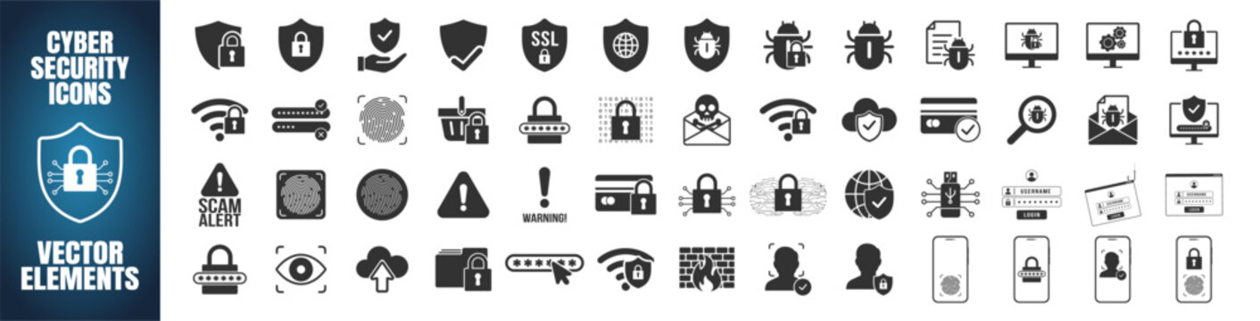 Cyber security icon set. Data protection, privacy, password, antivirus, firewall, spam, phishing and hacker symbols. Vector illustration on transparent background