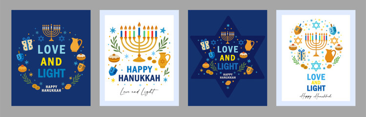Love and Light, Happy Hanukkah creative greeting cards set 2025. Vector posters design for the Festival of Lights