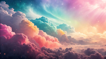 Colorful sky background with clouds and stars. 3D illustration.