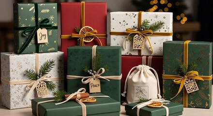 Elegant Christmas gifts wrapped with joy and peace for festive holiday celebration
