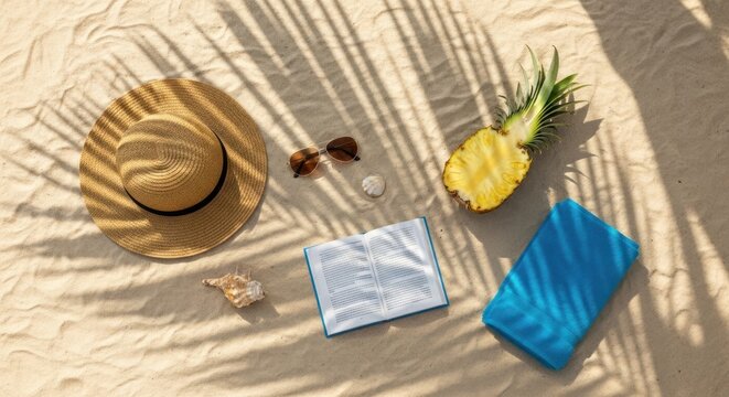Beach relaxation items on sand with palm leaf shadows overhead - Powered by Adobe
