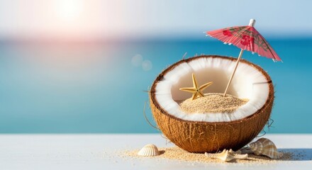 Coconut shell filled with sand starfish and cocktail umbrella outdoors