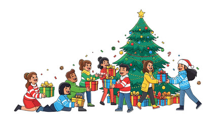Festive gift-giving: A group of friends and family exchanging beautifully wrapped presents around a decorated Christmas tree, spreading cheer.