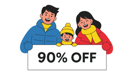 Winter Family Deal: A cheerful family bundled in winter attire holds up a sign promoting a generous 90% discount, embodying warmth and savings during the cold season.