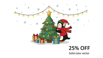 Festive Penguin: A charming penguin, adorned in a festive attire, embraces the spirit of the season by decorating the Christmas tree, surrounded by glowing lights and beautifully wrapped gifts.