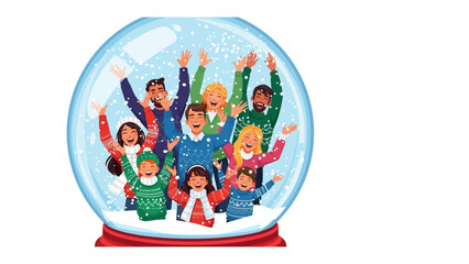 Enchanting Winter Wonderland: a cheerful illustration depicting a group of people inside a snow globe, embracing the winter season with joy and excitement. 