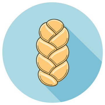 Braided bread icon in a blue circle with long shadow, vector illustration