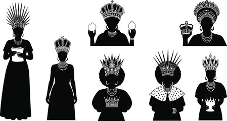 African queens wearing crowns and royal attire, cultural heritage and empowerment concept, black and white cad drawing flat vector illustration for fashion and art design