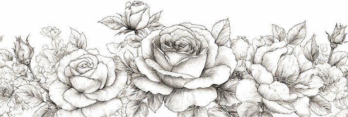 Detailed pencil sketch of roses and leaves in a horizontal floral arrangement on white background