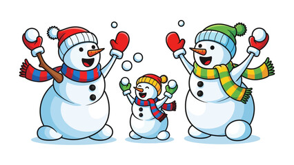 Winter Wonderland: A snowman family is engaging in a playful snowball fight, the frosty figures exuding joy in a snow-kissed winter scene.