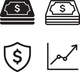Isolated finance icon set, money banking investment symbols vector, editable four style minimal line outline filled design, banking, finance, economy, corporate icons buyers