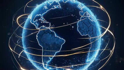 Glowing abstract earth globe with orbiting light trails and digital network connections, Earth with luminous particles and energy, Modern technology concept featuring global communication. - Powered by Adobe
