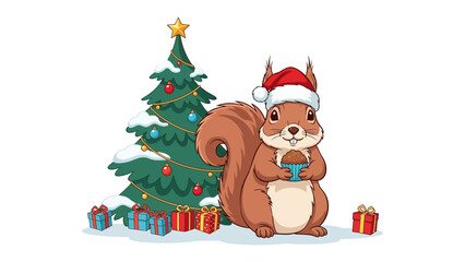 Holiday Squirrel with Acorn and Presents: A cheerful squirrel, adorned with a festive santa hat, holds an acorn, standing beside a decorated christmas tree and wrapped gifts.