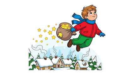 Magical Delivery: A young boy, joyfully floating through the air with a bag of sparkling stars, bringing cheer over snow-covered rooftops.