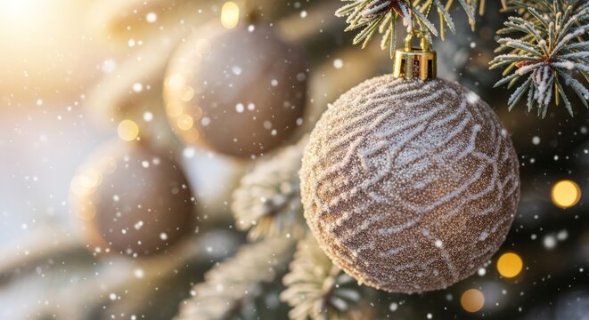 Christmas ornament on frosty pine branch with golden bokeh lights and falling snow. Winter holiday season decoration for greeting card design. - Powered by Adobe