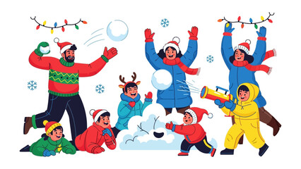 Joyful Winter Frolic: A lively group, bundled in winter attire, engages in a spirited snowball fight, their faces alight with delight amidst a festive atmosphere.