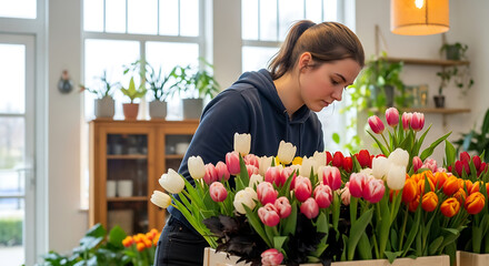 A young woman in a cozy hoodie carefully selects fresh, colorful tulips at a bright, airy flower shop, surrounded by lush greenery and natural light, capturing the essence of springtime retail.