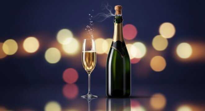 Sparkling wine bottle and glass against dark bokeh background - Powered by Adobe