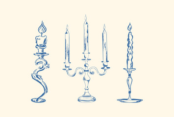 Hand drawn candle illustration. Vintage chandelier sketch. Candle clip art. Candle doodle. Line art, ink, minimalist style. Candles burning. Candelabra and candlestick. Ink sketch set isolated. Retro