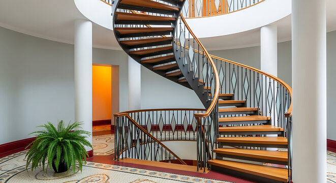 An elegant spiral staircase with wooden steps and ornate metal railings winds upward in a grand, sunlit foyer, flanked by white columns and a lush fern, showcasing sophisticated architectural design. - Powered by Adobe