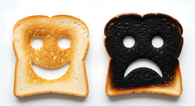 Two slices of toast, one perfectly golden with a cheerful smiley face cutout, the other burnt black with a sad frown, humorously contrasting good and bad outcomes in a minimalist, conceptual food art 