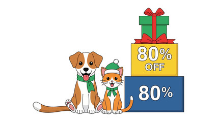 Pet Store Promotion: A charming illustration depicts a dog and cat, adorned in festive accessories, standing proudly beside gift boxes. Each box prominently displays a 80% OFF sale.