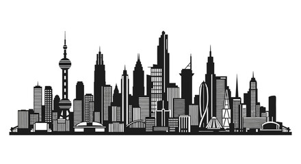 Obraz premium Minimalist Black and White Cityscape Silhouette Illustration of Urban Skyline