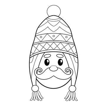 South American with a curly mustache wearing a chullo hat clip art hand drawn black and white
