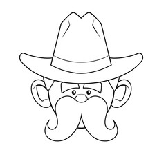 Cowboy with a big mustache clip art hand drawn black and white