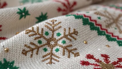 Ugly sweater christmas party vibe with cozy knit fabric gold snowflake pattern red green stitch detail festive glitter warm winter charm textile - Powered by Adobe