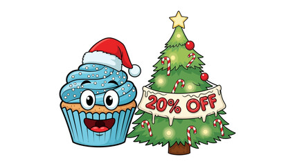 Festive Treats: A cheerful cartoon cupcake dons a Santa hat alongside a decorated Christmas tree, announcing a sale. The scene evokes the joy and giving spirit of the holiday season.