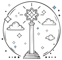 Stylized Star Topped Pillar Inside Circle Surrounded by Clouds and Stars for Decor or Illustration
