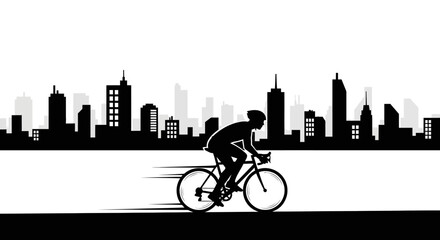 Minimalist Silhouette Cyclist Riding Bike in Urban Cityscape Background Illustration
