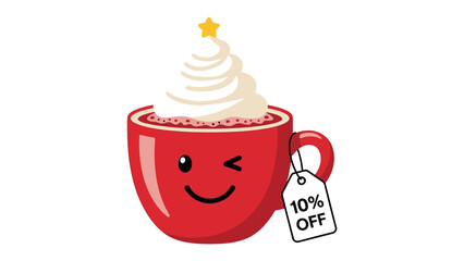 Festive Drink Delight: A cheerful cartoon mug overflows with creamy, whipped goodness, crowned with a sparkling star, and tagged with an attractive discount, promising a delightful treat.