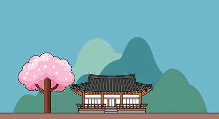 Flat Style Korean Traditional House with Cherry Blossom Tree Landscape Illustration