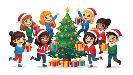 Holiday Joy: Animated children are happily gathered, embracing the magic of Christmas near a decorated tree with colorful gift boxes. A season of warmth, friendship, and childhood delight.