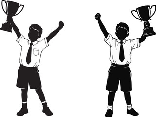 Two young boys in school uniforms celebrating victory, each holding a trophy and raising an arm in triumph.