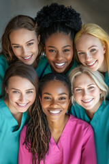 A top-down group photo of nurses of various skin tones in bright, colorful uniforms. Photo for National Nurses' Day.