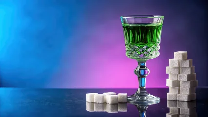 Wandcirkels Bar Absinthe glass green drink crystal goblet sugar cube reflection moody bar counter neon pink purple glow vintage ritual  © n3wttfoto